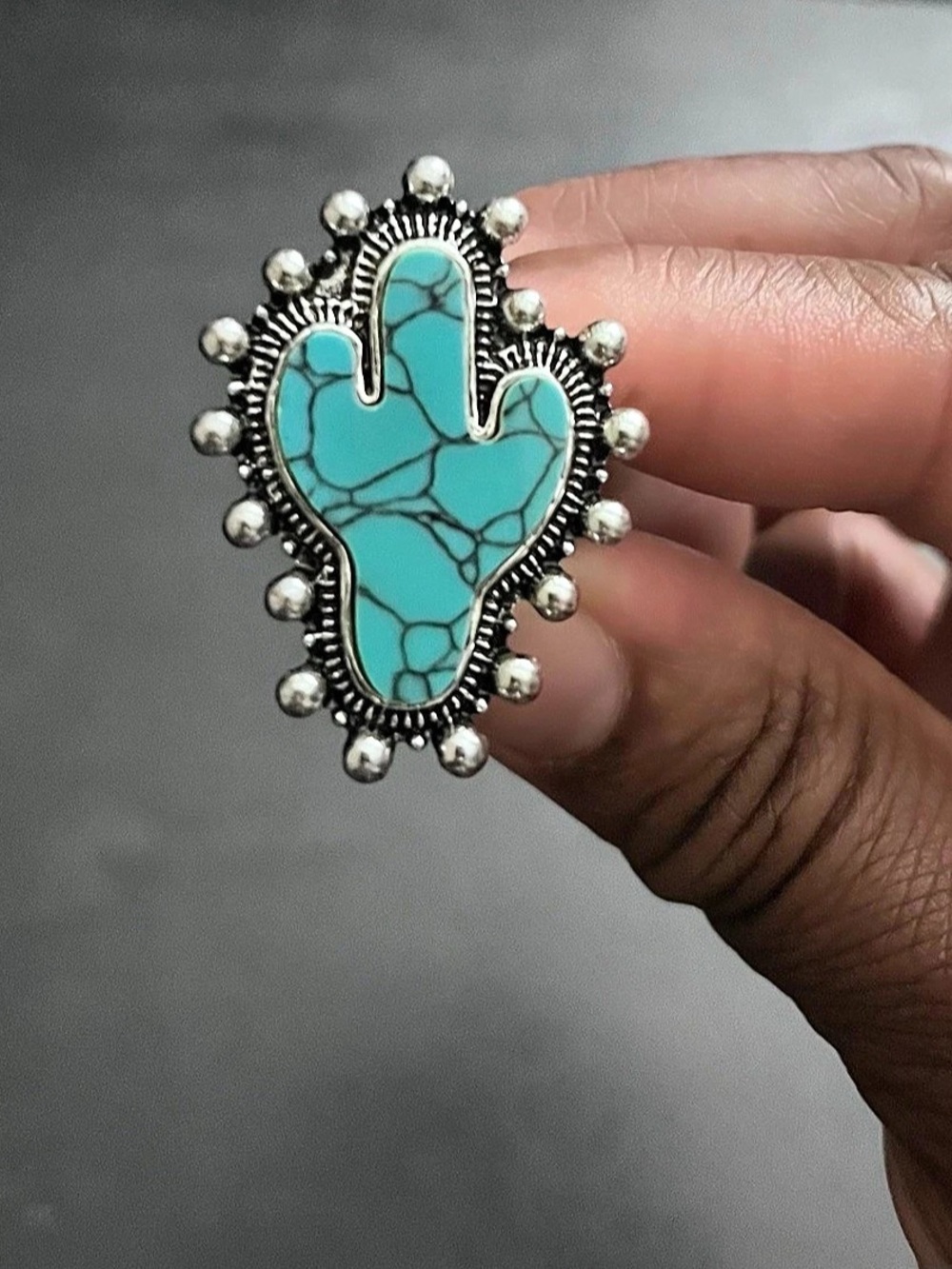 Turquoise & Silver Adjustable Cactus Ring